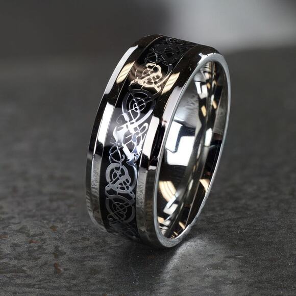 Celtic Dragon Steel Foil Inlaid Stainless Steel Ring 8mm width size 10 - Picture 2 of 2